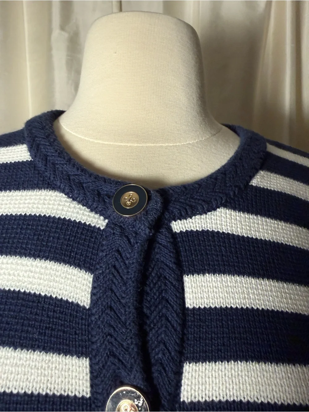 I Crew Navy and White Nautical Striped Crewneck Button Cardigan Sweater